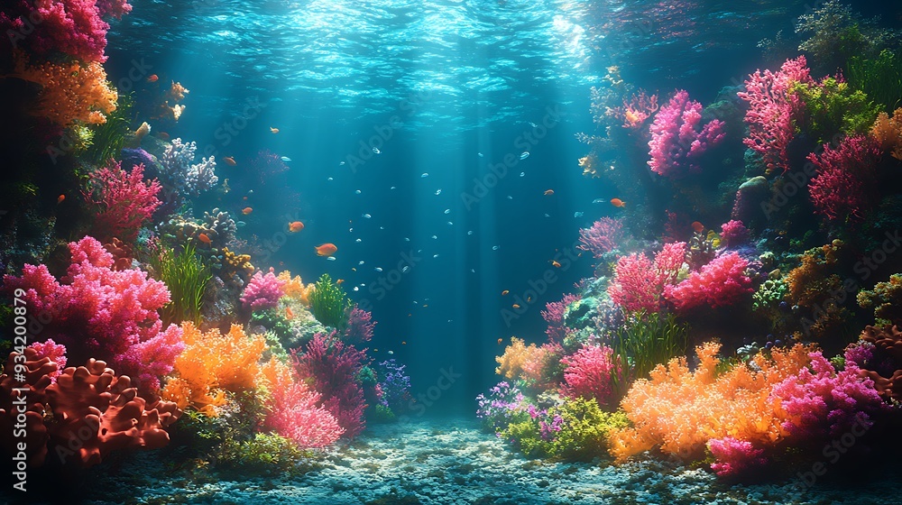 Obraz premium A vibrant underwater scene with colorful coral reefs and fish swimming in the clear blue water, illuminated by a beam of sunlight.
