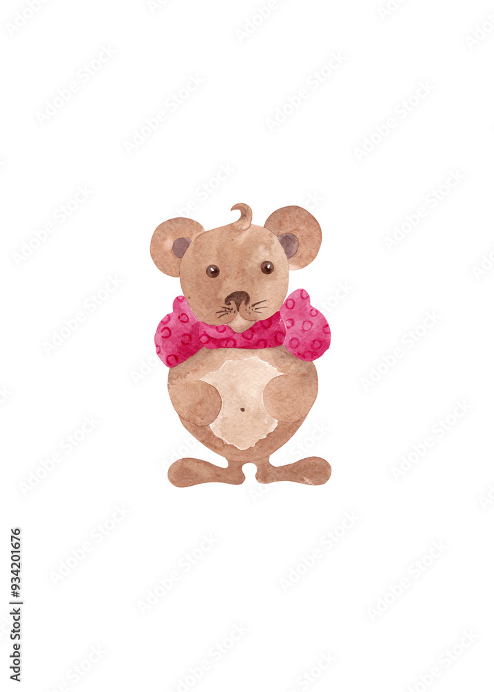 Brown bear with pink bow on neck. Elegant animal in full growth for your design. Watercolor isolated element. White background Brown bear with pink bow on neck. Elegant animal in full growth for your design. Watercolor isolated element. White background