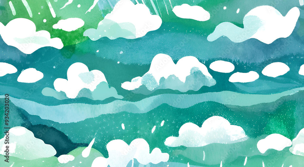 Scenic Watercolor Sky with Fluffy White Clouds Scenic Watercolor Sky with Fluffy White Clouds