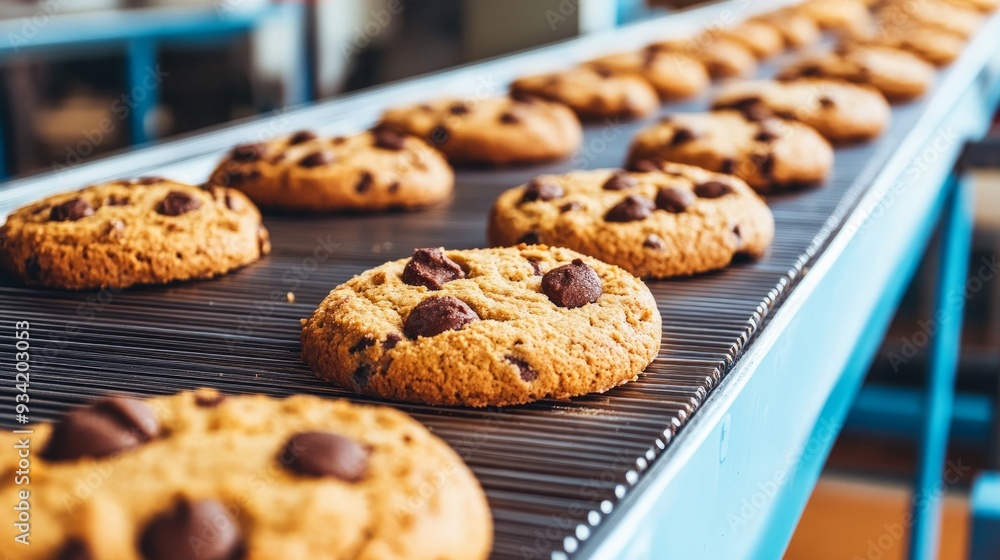 Automatic bakery production line with sweet cookies on conveyor belt equipment machinery in confectionary factory workshop Automatic bakery production line with sweet cookies on conveyor belt equipment machinery in confectionary factory workshop