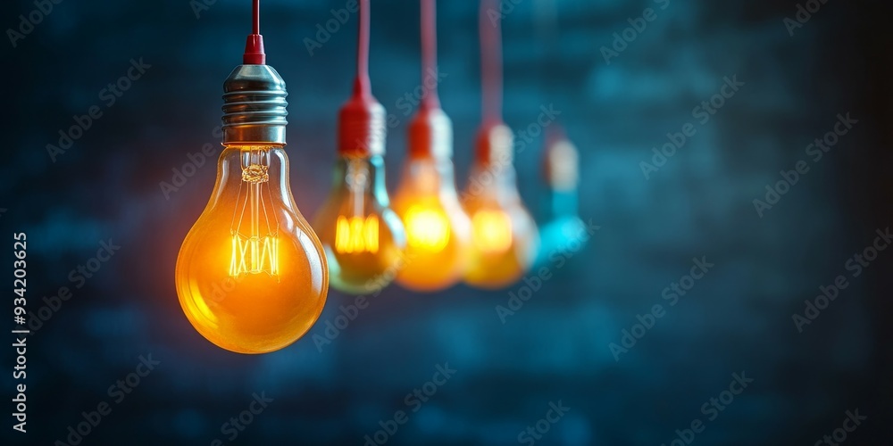 Multiple lit yellow and blue light bulbs on blue background. Idea concept Multiple lit yellow and blue light bulbs on blue background. Idea concept