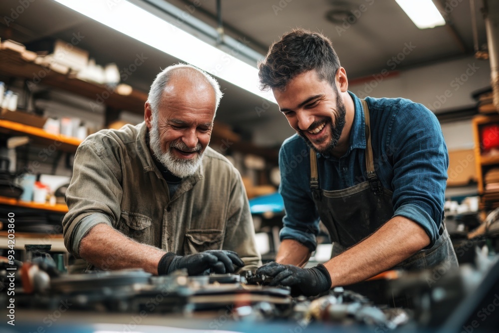 Experienced mechanic teaching a younger man in a workshop Experienced mechanic teaching a younger man in a workshop