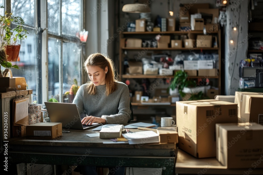 Focused young woman managing an online business from her home office Focused young woman managing an online business from her home office