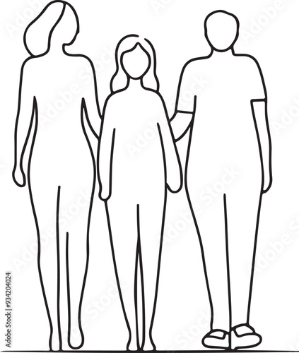 Three members of a family silhouette vector line art , isolated white background.