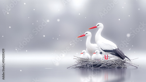 Two storks with two chicks sit in a nest on a gradient gray background with white dots. Copy space. High quality illustration