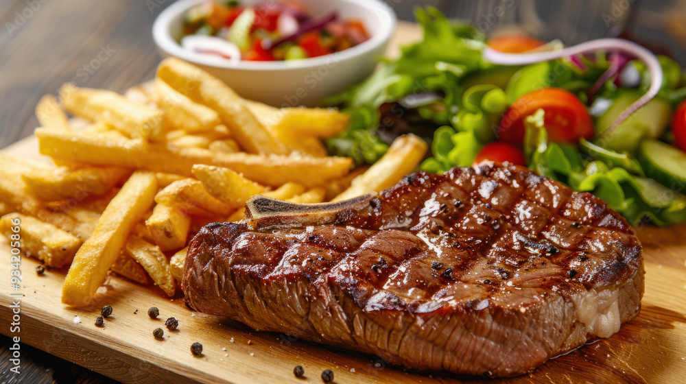 Photograph of a delicious dish with beef, fries and salad. restaurant. Photograph of a delicious dish with beef, fries and salad. restaurant.