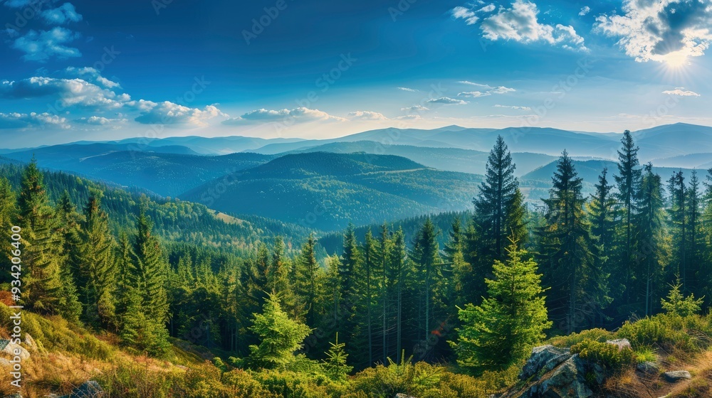 Magnificent panoramic view the coniferous forest on the mighty Carpathians Mountains and beautiful blue sky background. Beauty of wild virgin Ukrainian nature. Peacefulness , ai Magnificent panoramic view the coniferous forest on the mighty Carpathians Mountains and beautiful blue sky background. Beauty of wild virgin Ukrainian nature. Peacefulness , ai
