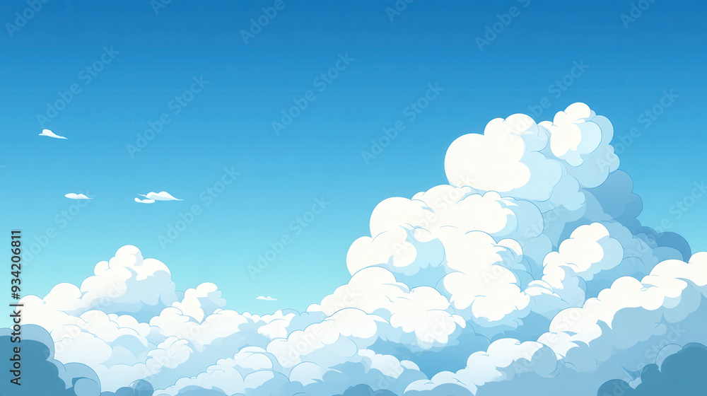 Bright blue sky with fluffy white clouds creates serene and peaceful atmosphere. soft shapes of clouds evoke sense of calm and tranquility. Bright blue sky with fluffy white clouds creates serene and peaceful atmosphere. soft shapes of clouds evoke sense of calm and tranquility.