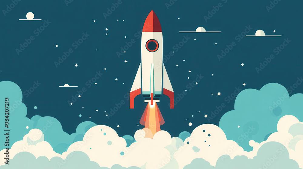 Rocket launching into space, surrounded by clouds and stars, evokes sense of adventure and exploration. Rocket launching into space, surrounded by clouds and stars, evokes sense of adventure and exploration.