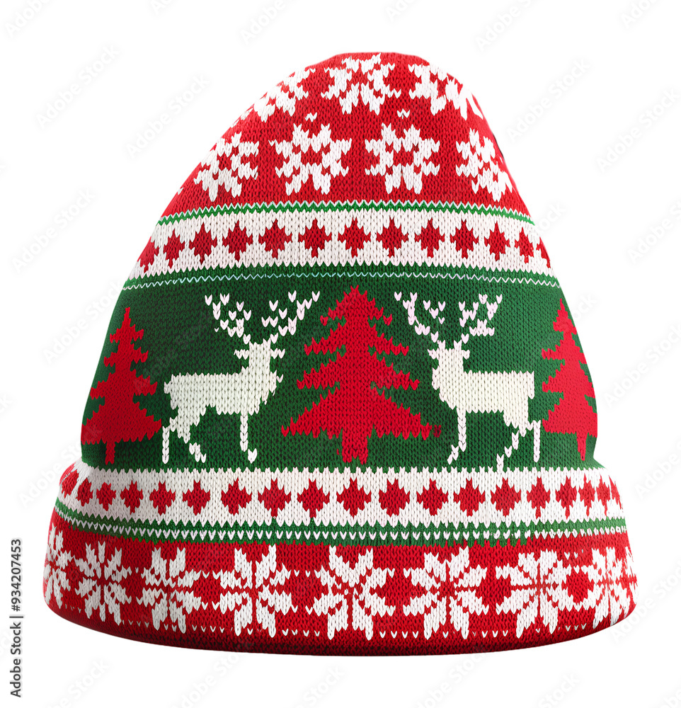 Christmas winter hat with reindeer and snowflakes, on an isolated background Christmas winter hat with reindeer and snowflakes, on an isolated background