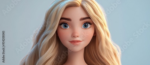 3D Cartoon Woman with Long Blonde Hair and Healthy Skin