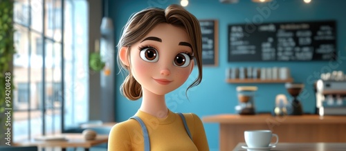 3D Cartoon Young Woman in a Cafe photo