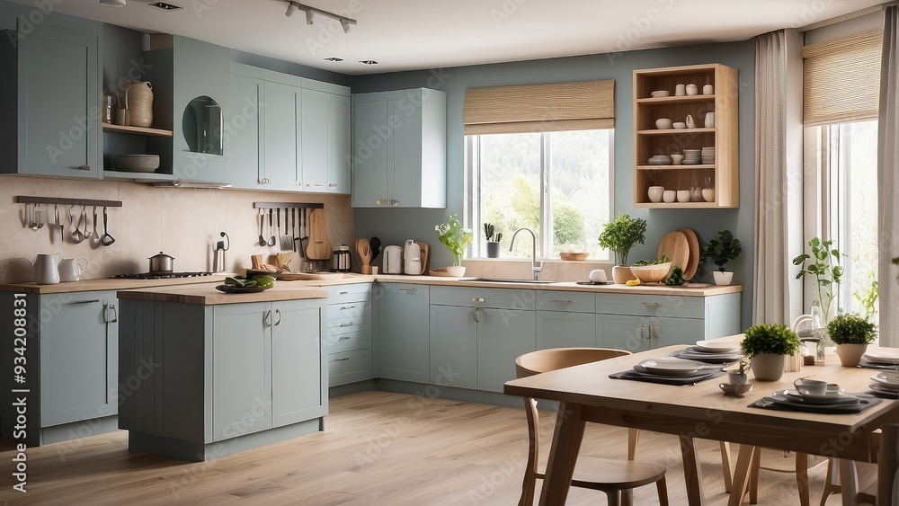 Interior of a home kitchen including a dining table, cupboards, and a counter with utensils Interior of a home kitchen including a dining table, cupboards, and a counter with utensils