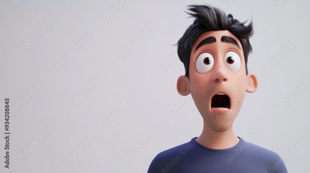 A 3D cartoon depiction of a young man expressing surprise and shock while gazing to the right against a plain white backdrop A 3D cartoon depiction of a young man expressing surprise and shock while gazing to the right against a plain white backdrop