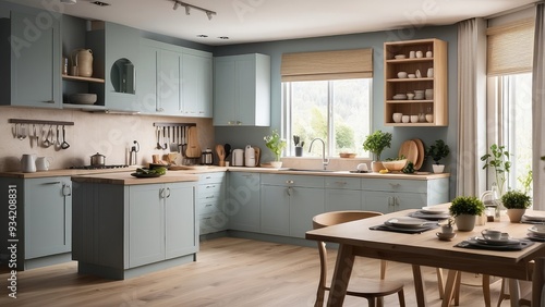 Interior of a home kitchen including a dining table, cupboards, and a counter with utensils