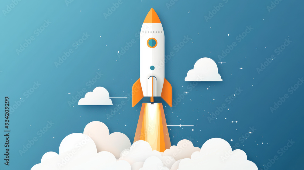 Rocket launching into sky, surrounded by clouds, symbolizes innovation and adventure. bright colors evoke excitement and inspiration. Rocket launching into sky, surrounded by clouds, symbolizes innovation and adventure. bright colors evoke excitement and inspiration.