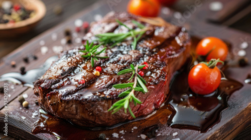 Photograph of grilled steak well seasoned on wooden board. restaurant.