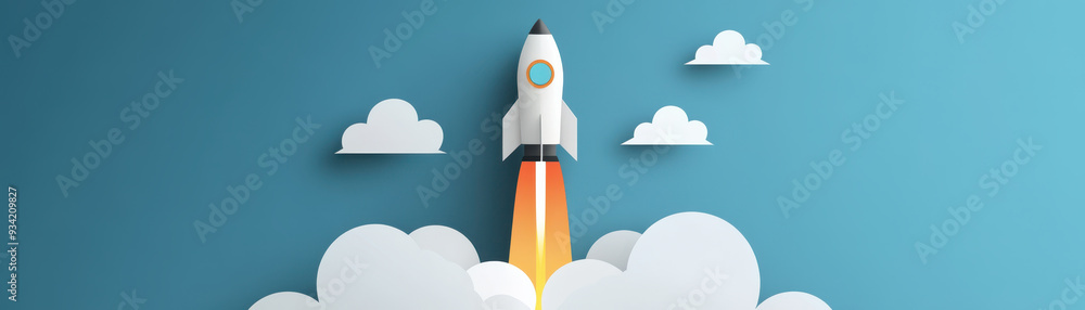 A colorful rocket launching into sky among clouds, symbolizing innovation and progress. A colorful rocket launching into sky among clouds, symbolizing innovation and progress.
