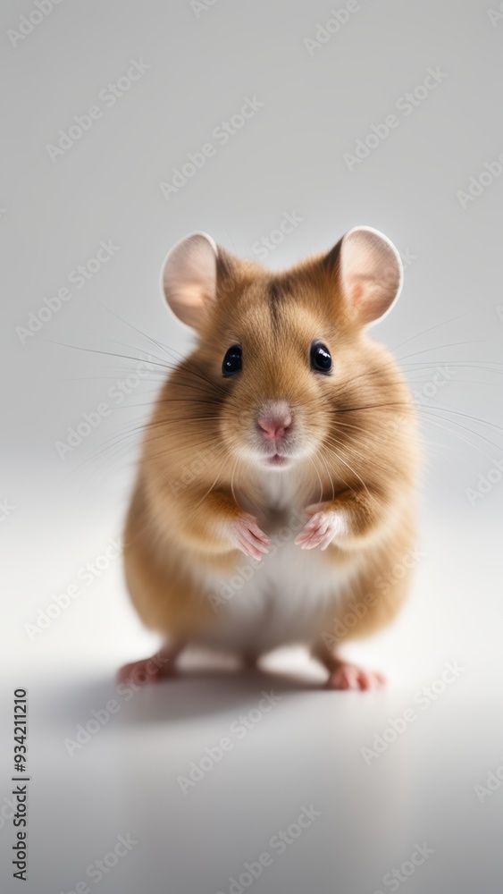 A small light brown hamster sits upright on a gray surface looking directly with large dark eyes. A small light brown hamster sits upright on a gray surface looking directly with large dark eyes.