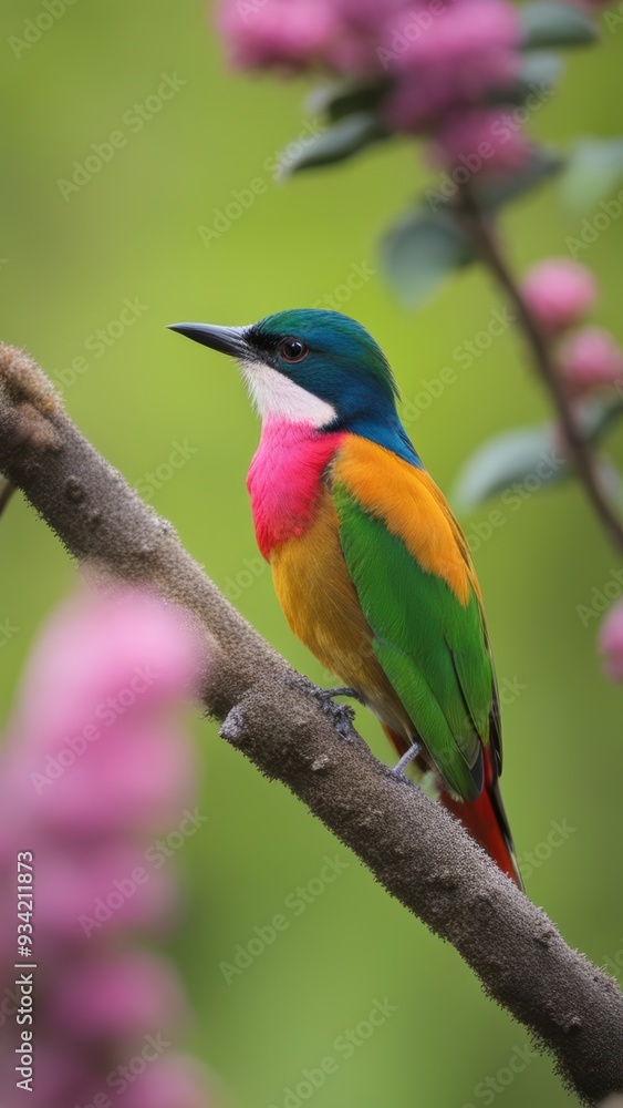 Vibrant green and pink hummingbird perched on a branch with bright red throat looking alert. Vibrant green and pink hummingbird perched on a branch with bright red throat looking alert.