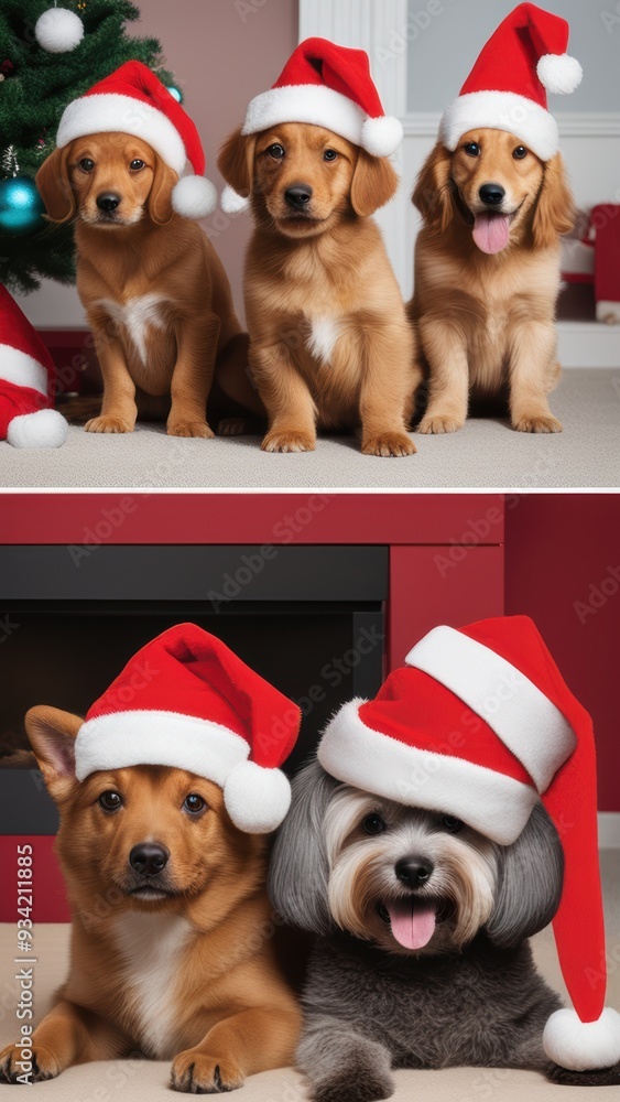 Three photos of dogs wearing Santa hats in festive settings puppies on ...