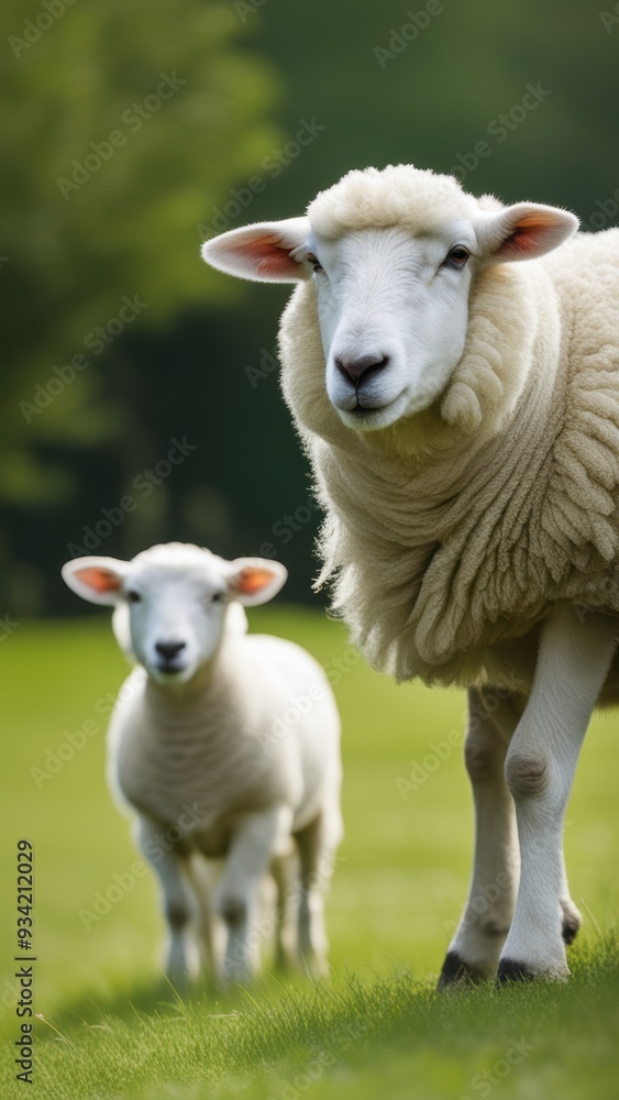 Two sheep young lamb on grass looking curious; adult ewe walking away in background amidst blurred greenery. Two sheep young lamb on grass looking curious; adult ewe walking away in background amidst blurred greenery.
