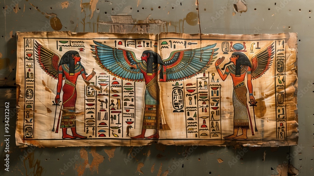 Foto de Ancient Egyptian papyrus artwork with hieroglyphics featuring ...