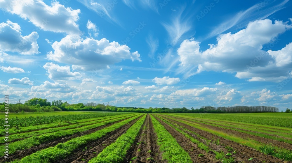 Endless green fields stretch across the horizon, embellished by wispy clouds drifting in a cheerful blue sky, embodying the tranquil beauty of rural farmland in full bloom Endless green fields stretch across the horizon, embellished by wispy clouds drifting in a cheerful blue sky, embodying the tranquil beauty of rural farmland in full bloom