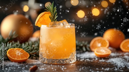 Festive Holiday Orange Cocktail with Snowflake Overlay and Decorative Sprig