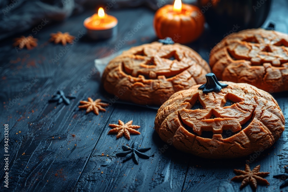Pumpkin-shaped Halloween cookies with candles on black table, spooky mockup ready Pumpkin-shaped Halloween cookies with candles on black table, spooky mockup ready