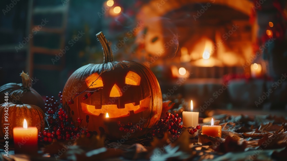 Smiling jack-o-lantern with glowing candlestick, surrounded by candles, and warm fireplace Smiling jack-o-lantern with glowing candlestick, surrounded by candles, and warm fireplace