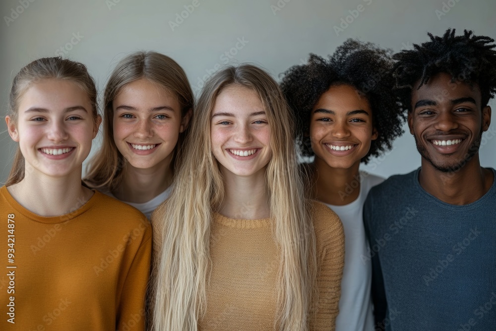 happy group of diverse young people standing in a row, Generative AI happy group of diverse young people standing in a row, Generative AI