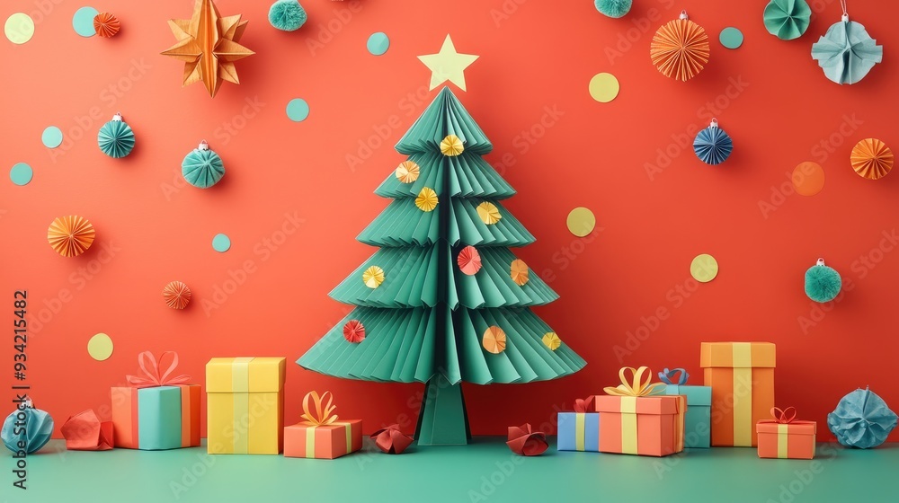 Naklejka premium Colorful Origami Christmas Tree with Gifts and Decorations on Red Background