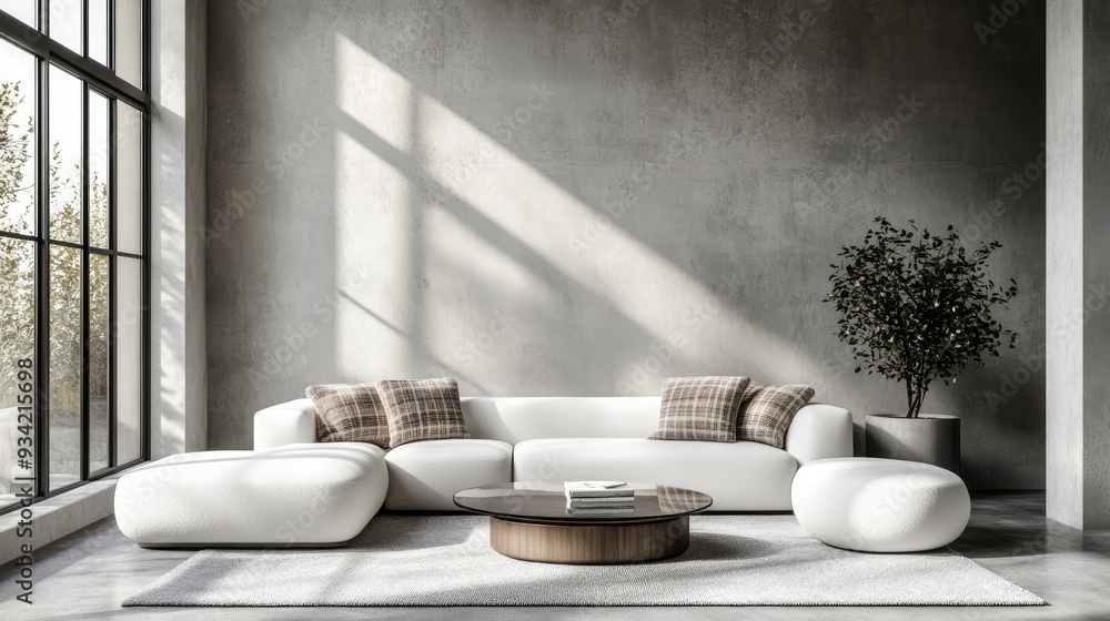 Modern Minimalist Living Room with White Sofa, Accent Pillows, and Large Window Modern Minimalist Living Room with White Sofa, Accent Pillows, and Large Window