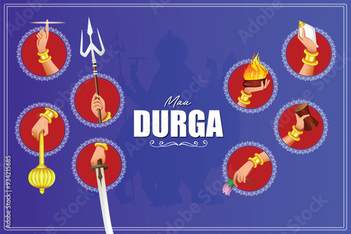 Goddess Durga  hands in Happy Durga Puja Subh Navratri banner background
