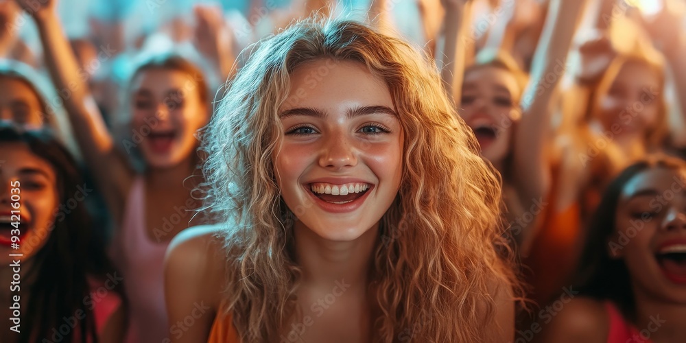 Front row of a concert with a group of excited music fans looking into the camera singing and dancing, Generative AI Front row of a concert with a group of excited music fans looking into the camera singing and dancing, Generative AI