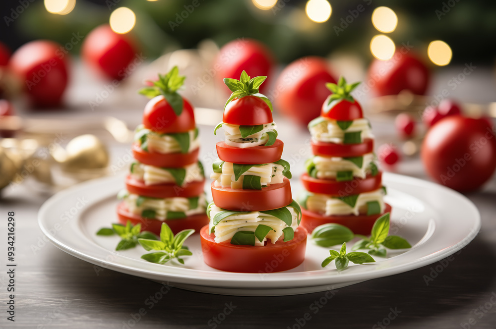 Caprese Salad Stacks made of sliced cherry tomatoes and herbed cheese, topped with basil leaves arranged on a white plate. Horizontal, side view on blurred festive background. Caprese Salad Stacks made of sliced cherry tomatoes and herbed cheese, topped with basil leaves arranged on a white plate. Horizontal, side view on blurred festive background.