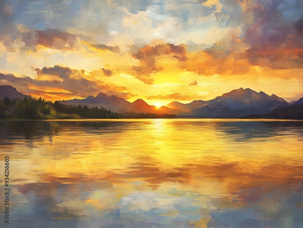 Fototapeta premium Serene Sunset Over Tranquil Lake with Majestic Mountain Backdrop and Dramatic Cloud Formations
