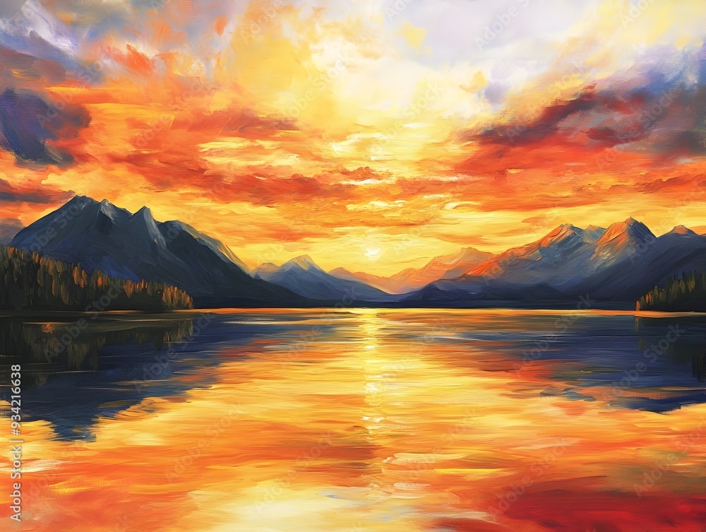 Magnificent Sunset Reflected on Tranquil Lake with Majestic Mountains and Dramatic Skies Magnificent Sunset Reflected on Tranquil Lake with Majestic Mountains and Dramatic Skies