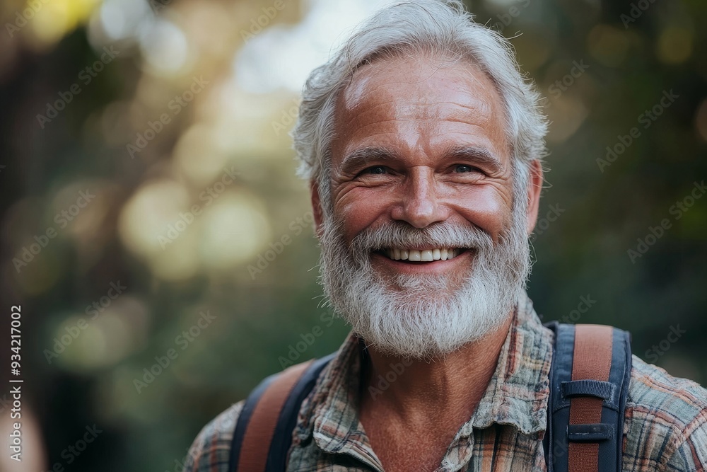 Happy older bearded man standing in nature park outdoors and laughing. Smiling active mature senior traveler looking at camera advertising camping tourism. Close up face front, Generative AI Happy older bearded man standing in nature park outdoors and laughing. Smiling active mature senior traveler looking at camera advertising camping tourism. Close up face front, Generative AI