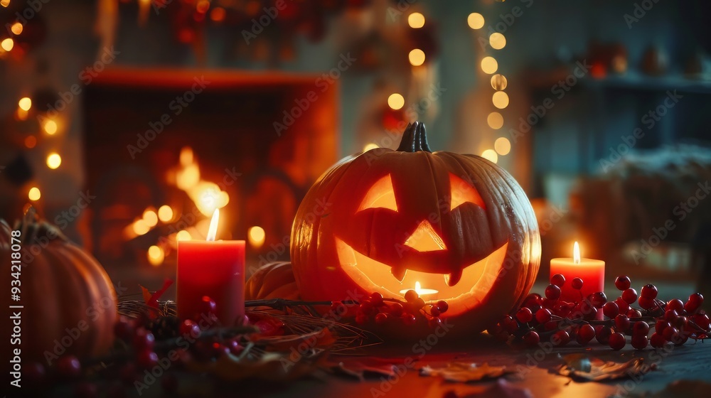 Smiling jack-o-lantern with glowing candlestick, surrounded by candles, and warm fireplace Smiling jack-o-lantern with glowing candlestick, surrounded by candles, and warm fireplace