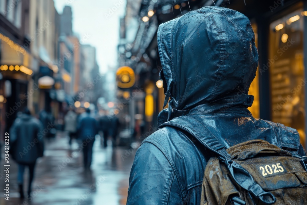Man walking down a street with a backpack, new year 2025 Man walking down a street with a backpack, new year 2025