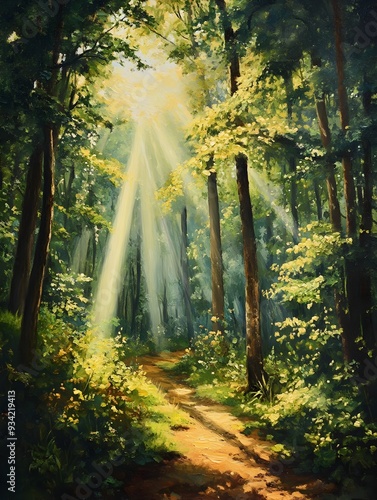 Serene Woodland Oasis with Ethereal Rays of Warm Sunlight Piercing the Foliage