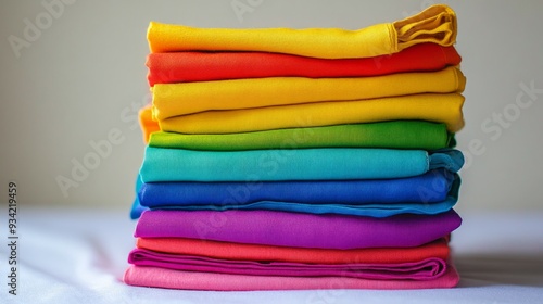Colorful stack of cotton clothes, close up pile of clothing