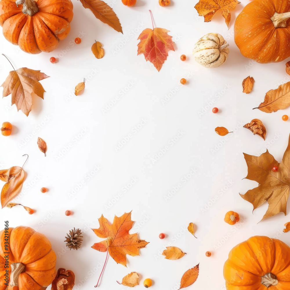 Obraz premium Thanksgiving background: pumpkins and fallen leaves on white background. Copy space for text