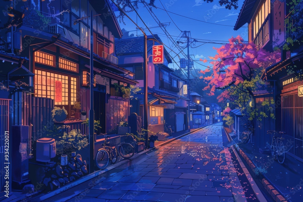 Obraz premium A quiet street with a few houses and a trash can, generative ai image
