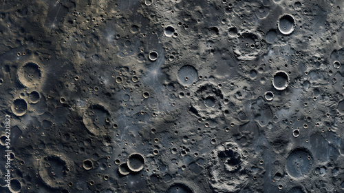 Moon surface with shadows and many meteorite impact craters. Close up top view lunar grainy texture pattern