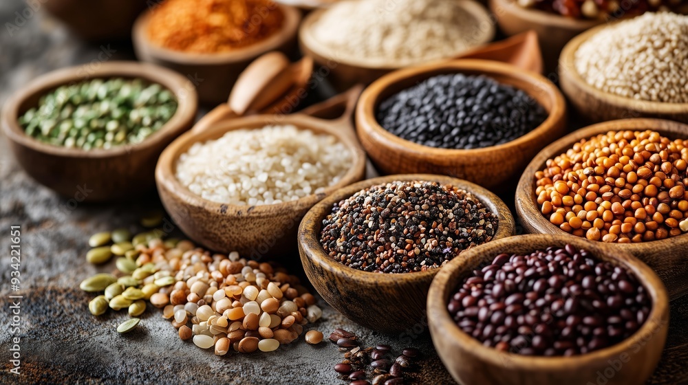 A variety of colorful spices and seeds arranged in wooden bowls on a rustic countertop A variety of colorful spices and seeds arranged in wooden bowls on a rustic countertop