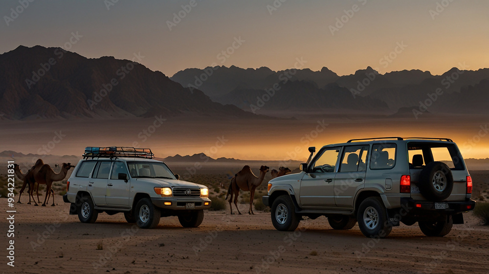 Fototapeta premium jeep and camel in the desert