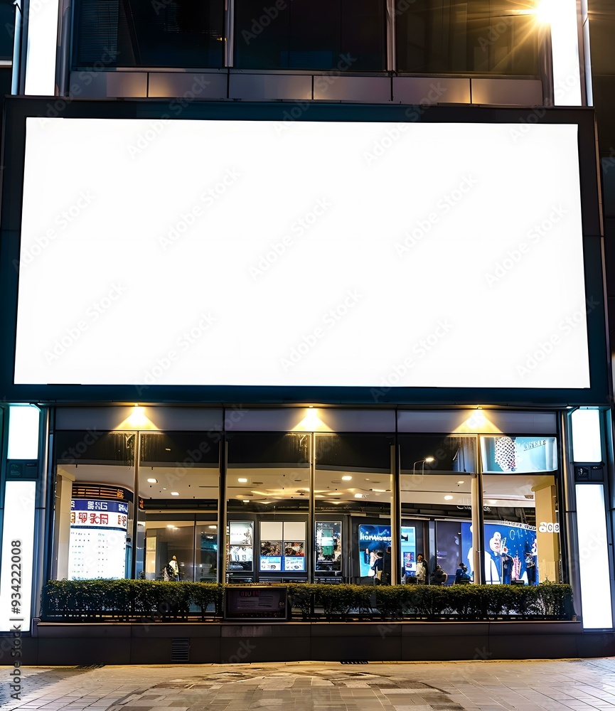 Blank Billboard on Building Facade in Urban Setting at Night Blank Billboard on Building Facade in Urban Setting at Night
